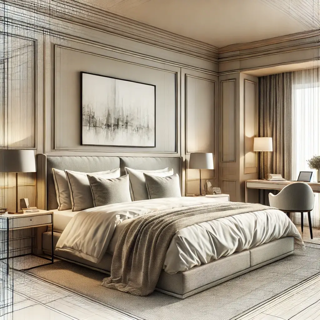 DALL·E 2024-09-26 14.36.37 - A highly realistic, modern rendering of a hotel room based on the hand-drawn sketch provided. The room includes a large bed with two pillows, bedside