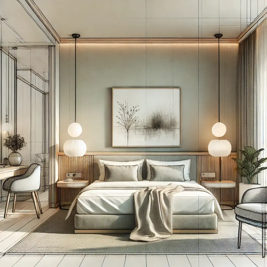 DALL·E 2024-09-26 14.36.40 - A highly realistic, modern rendering of a hotel room based on a hand-drawn sketch. The room features a large bed with pillows, bedside tables with lam