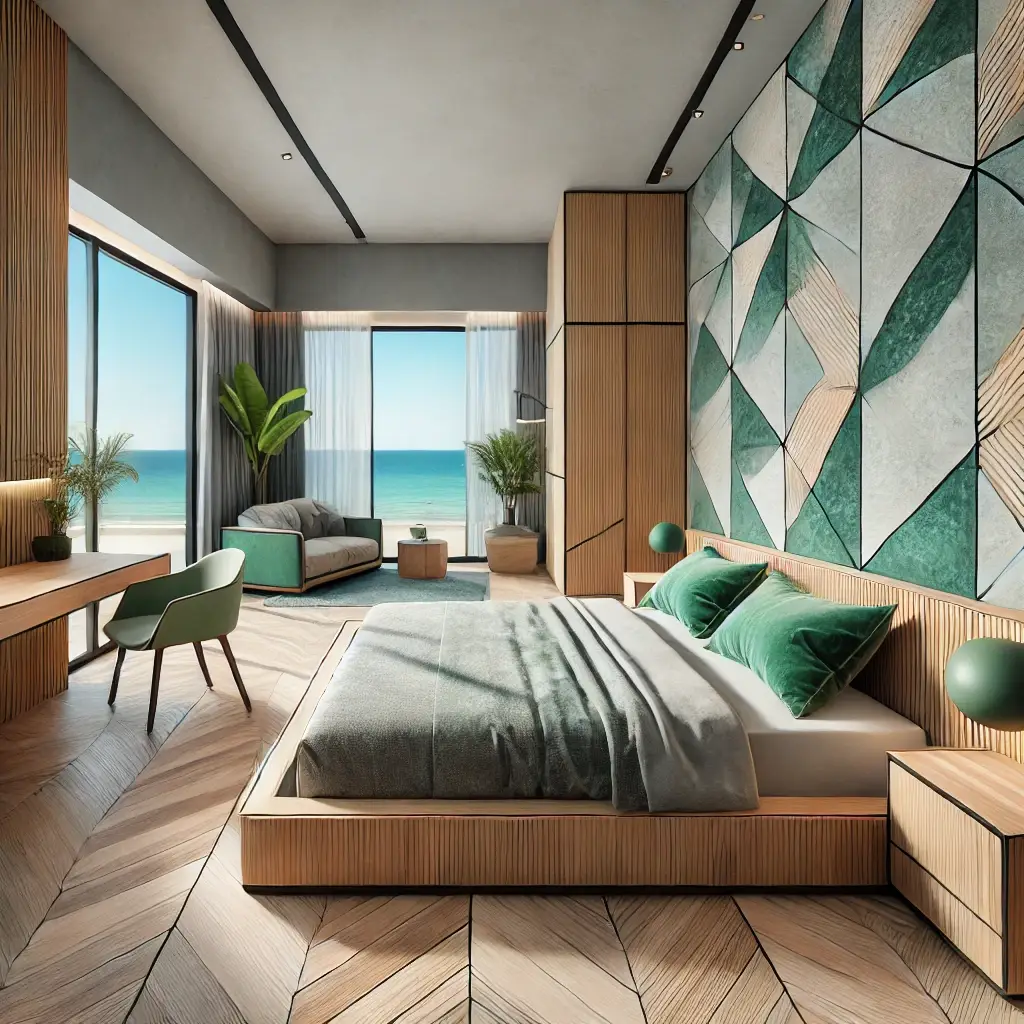 DALL·E 2024-09-26 14.36.43 - A highly realistic, modern beachfront hotel room featuring angular furniture with a wood effect, with tones of emerald green, grey, and wood. The room