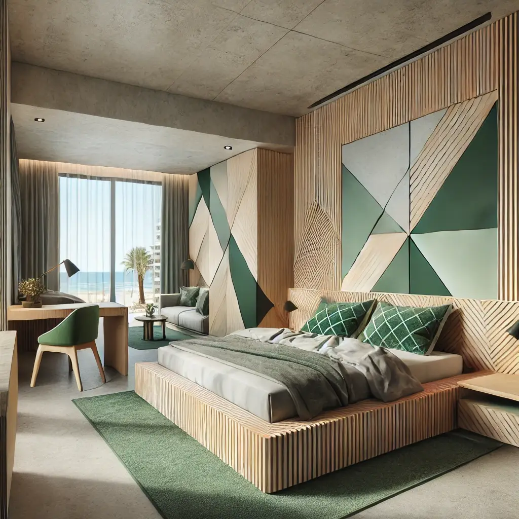 DALL·E 2024-09-26 14.36.44 - A highly realistic, modern beachfront hotel room featuring angular furniture with a wood effect, with tones of emerald green, grey, and wood. The room