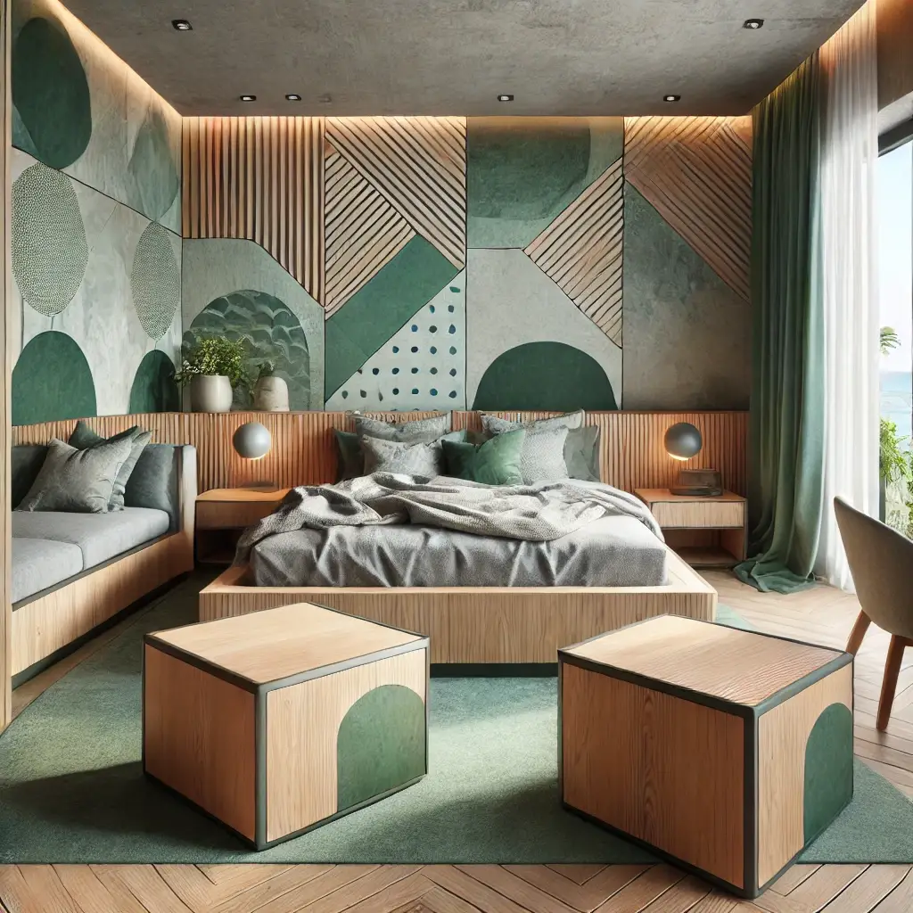 DALL·E 2024-09-26 14.36.46 - A highly realistic, modern beachfront hotel room featuring angular furniture with a wood effect and tones of emerald green, grey, and wood. The room h