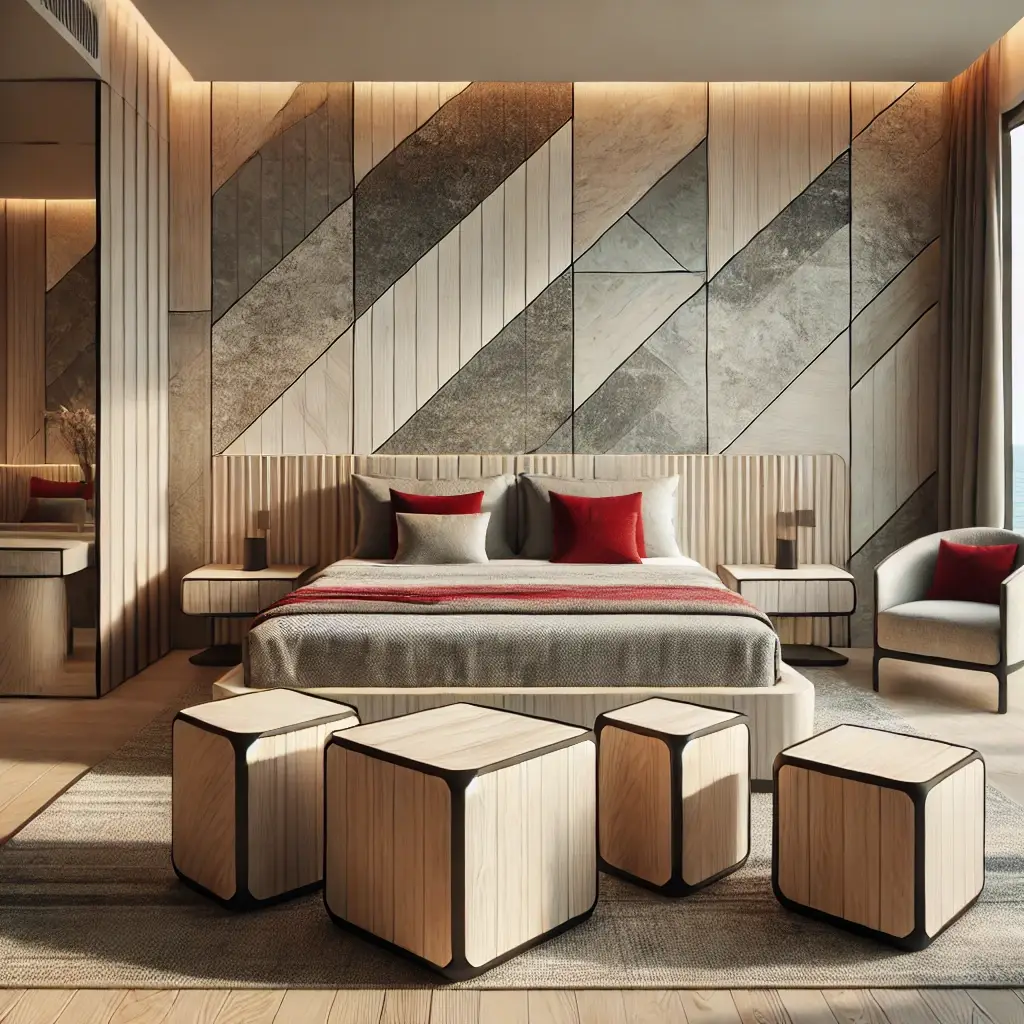 DALL·E 2024-09-26 14.36.52 - A highly realistic, modern beachfront hotel room featuring angular furniture with a printed wood effect. The room has square-edged tables and a bed fr