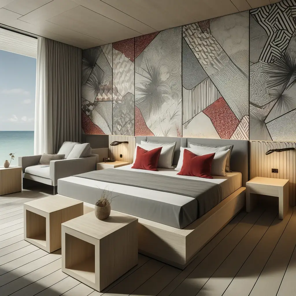 DALL·E 2024-09-26 14.36.55 - A modern beachfront hotel room with angular furniture made from sustainable materials. The furniture features square-edged tables and a bed frame with