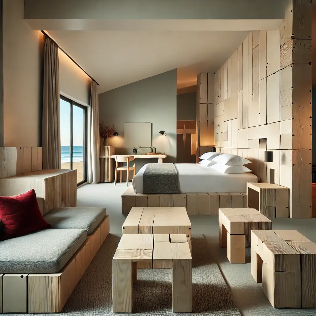 DALL·E 2024-09-26 14.36.57 - A modern beachfront hotel room with sustainable, angular furniture made from reclaimed birch plywood. The furniture features a sleek, minimalist desig