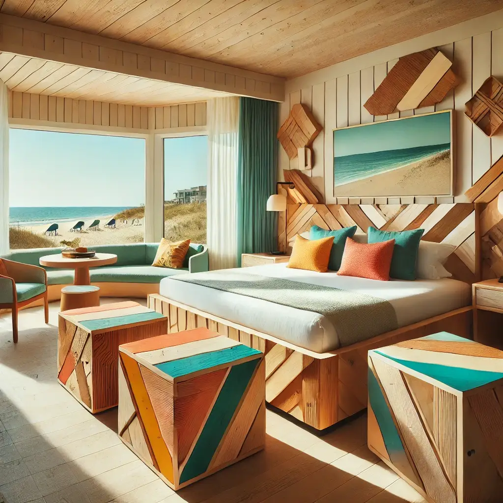 DALL·E 2024-09-26 14.36.59 - A coastal hotel room with sustainable, angular furniture made from reclaimed birch plywood, featuring bold, geometric designs. The furniture is finish