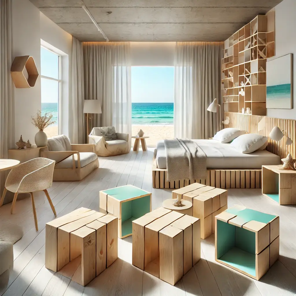 DALL·E 2024-09-26 14.37.01 - A contemporary beachfront hotel room with sustainable, angular furniture made from reclaimed birch plywood. The design emphasizes geometric shapes wit