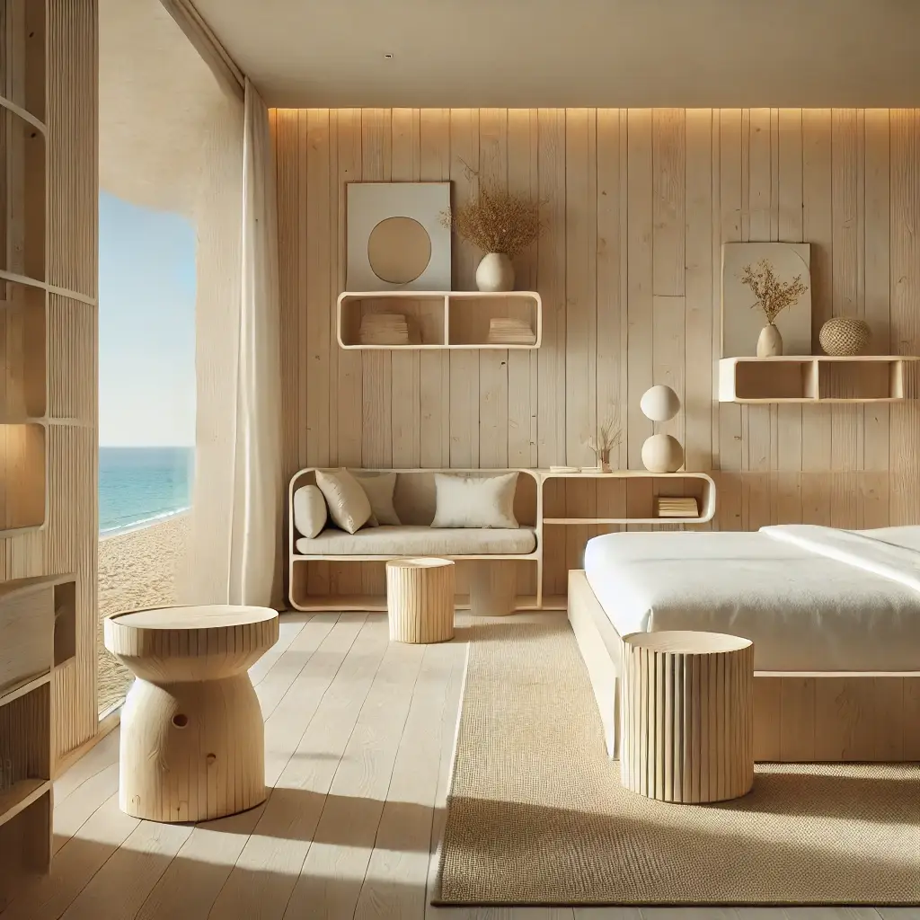 DALL·E 2024-09-26 14.37.14 - A beachfront hotel room featuring sustainable furniture made from reclaimed birch plywood, designed in a coastal minimalist style. The room includes a