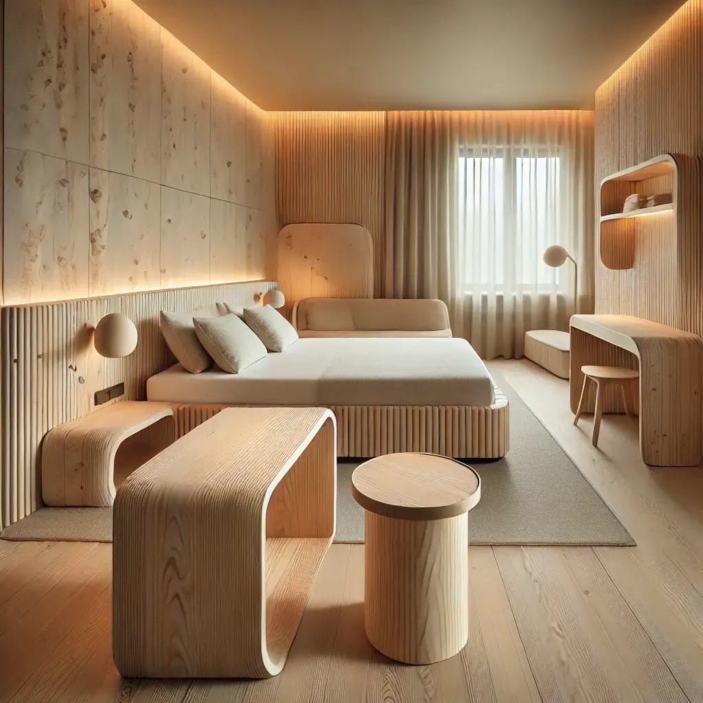 DALL·E 2024-09-26 14.37.17 - A modern hotel room featuring sustainable furniture made from reclaimed birch plywood, designed in a minimalist yet warm style. The room includes a mu