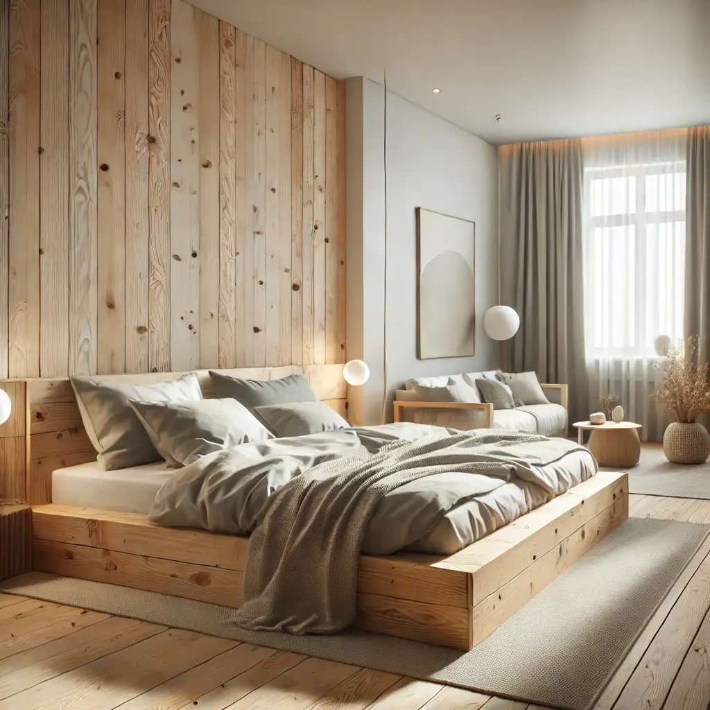 DALL·E 2024-09-26 14.43.35 - A highly realistic hotel room in a Scandinavian style featuring sustainable furniture made from reclaimed birch plywood. The room is minimalistic and