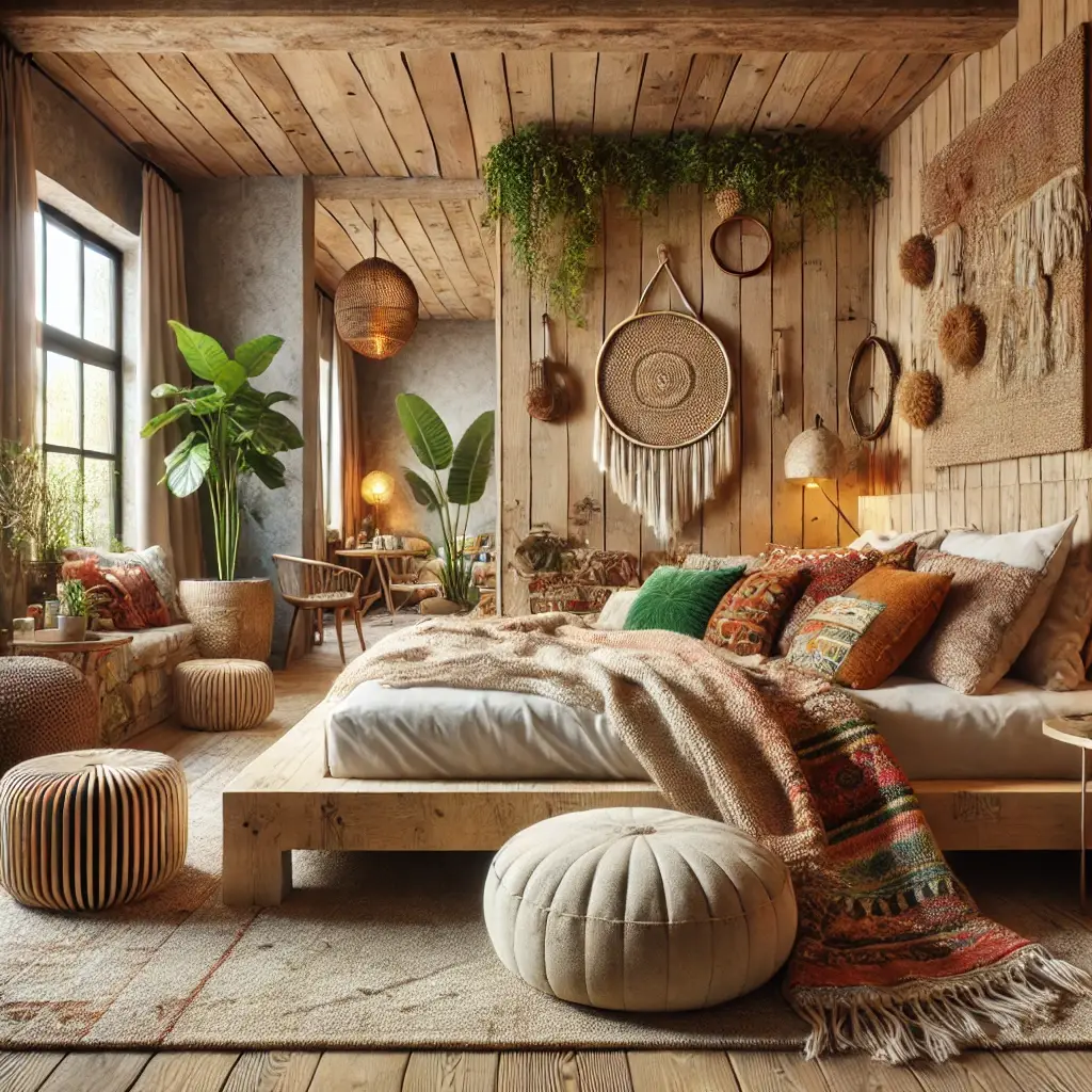 DALL·E 2024-09-26 14.43.38 - A highly realistic hotel room in a Boho style featuring sustainable furniture made from reclaimed birch plywood. The room is decorated with a cozy and