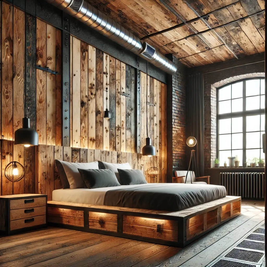 DALL·E 2024-09-26 14.43.40 - A highly realistic hotel room in an Industrial style featuring sustainable furniture made from reclaimed birch plywood. The room has exposed brick wal